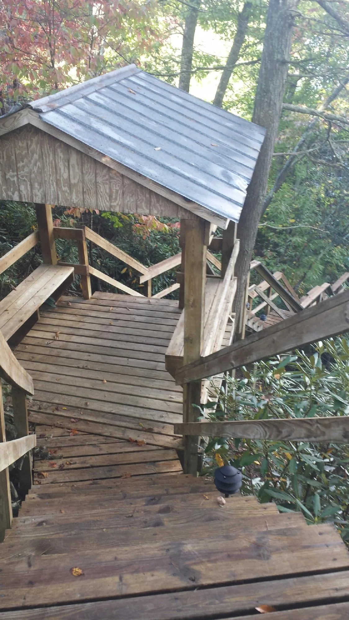 Metal roofed shelter over wooden steps on a wooded walkway — Skylight Repair & Installation work by our crew in Alta